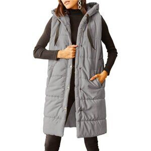 Women's Long Quilted Puffer Vest Hooded Button Down Padded Coats Jacket
